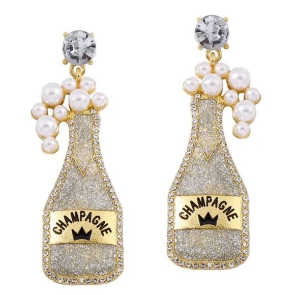 SILVER CHAMPAGNE pearl rhinestone coctail drink Earrings - Picture 5 of 8